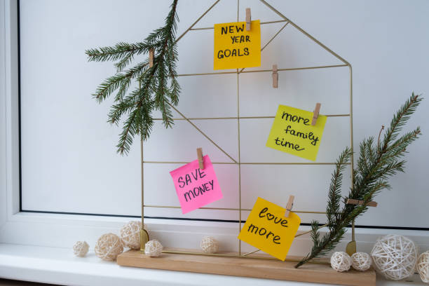 istock Action board new year's resolutions on colorful sticky notes. Making promises for new year, setting goals. Dream year 2152537378