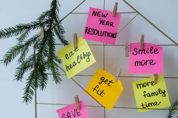 Action board new year's resolutions on colorful sticky notes. Making promises for new year, setting goals. Dream year