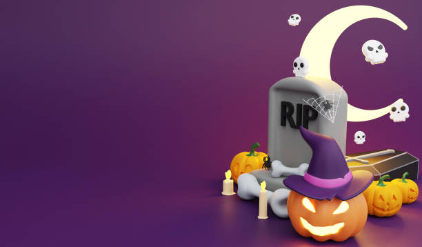 istock Headstone and pumpkins , 3D render Halloween icon concept and copy space on purple background 2152538570