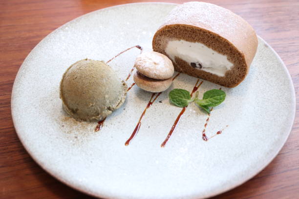 istock Set of hojicha roll cake, ice cream, and macaron 2152546345