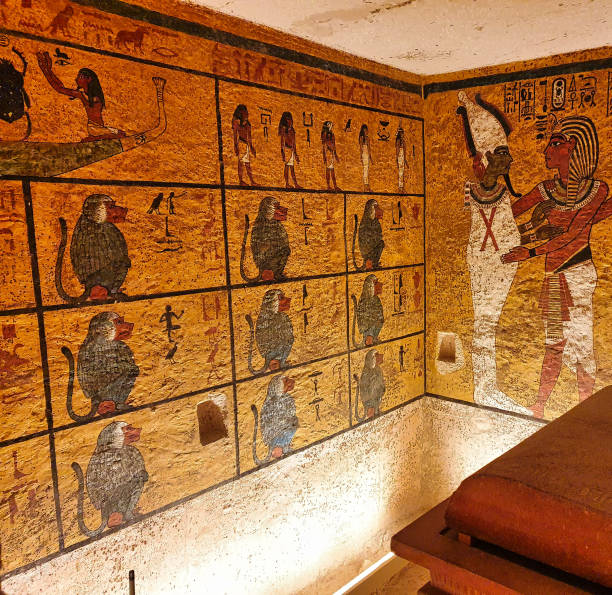 Tomb of Tutankhamun,KV62 in Valley of Kings,Luxor,Egypt Painted wall panel of 12 Baboons from the Funerary text book of Amduat inside the famous Tomb of Tutankhamun,KV62,discovered by Howard Carter in 1922 in the Valley of Kings at Luxor,Egypt howard carter stock pictures, royalty-free photos & images