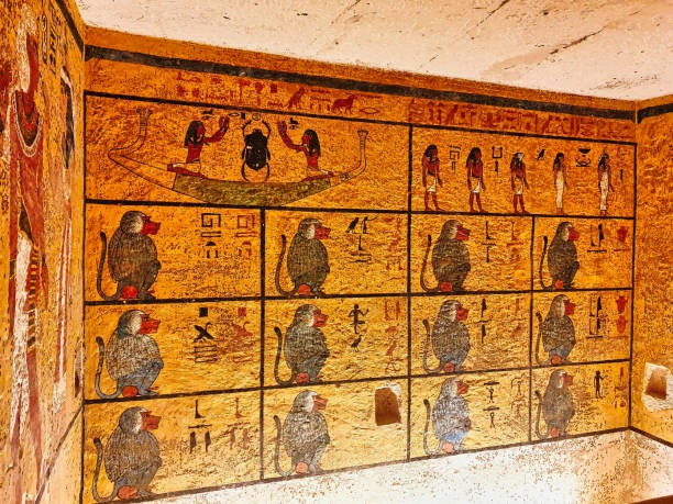 Tomb of Tutankhamun,KV62 in Valley of Kings,Luxor,Egypt Painted wall panel of 12 Baboons from the Funerary text book of Amduat inside the famous Tomb of Tutankhamun,KV62,discovered by Howard Carter in 1922 in the Valley of Kings at Luxor,Egypt howard carter stock pictures, royalty-free photos & images