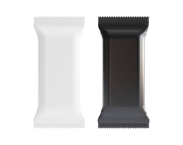 Food blank plastic pouch, black and white mockup on white background