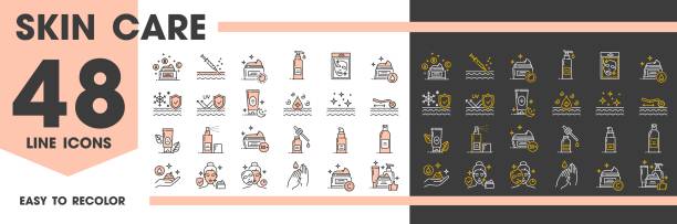 Face and hands skin care line icons, cosmetology Face and hands skin care line icons, cosmetology and mesotherapy, vector symbols. Face skincare icons of cosmetic treatments, facial mask and cream or essence, peeling and moisturizer for hands botox bottle stock illustrations