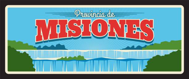 Misiones Argentine province vintage travel plate. Iguazu Falls nature landscape sign and retro sticker design. Iguacu Falls waterfalls of the Iguazu River, argentinian landmark tin plaque