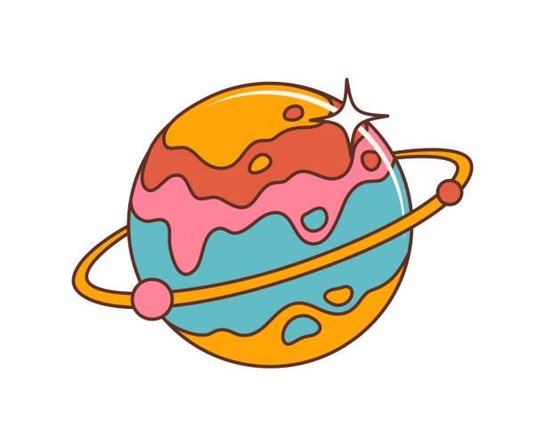 Space planet cartoon retro hippie groovy symbol Space planet cartoon retro hippie groovy symbol, evokes a blend of nostalgia and futurism, featuring stylized ring of orbit and psychedelic colors, encapsulating vintage vibes of cosmic exploration lsd trip stock illustrations