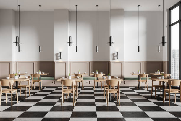 istock White and beige minimalistic checkered floor cafeteria interior with sofa and tables 2152553431