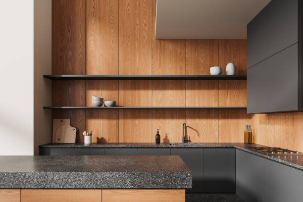 istock Wooden home kitchen interior with bar countertop and sink, shelf and kitchenware 2152553722