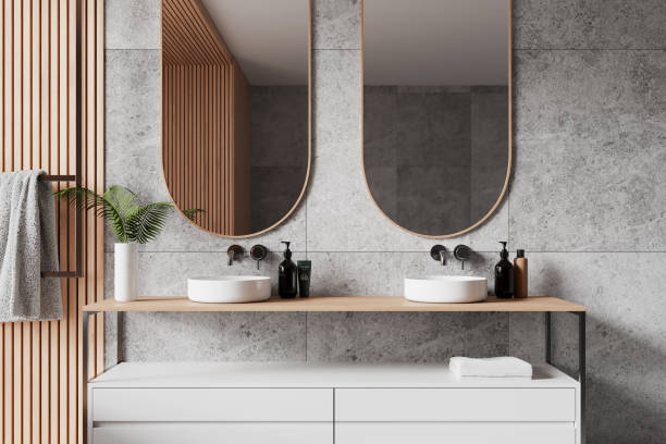 istock Modern hotel bathroom interior with double sink and accessories, dresser 2152553932