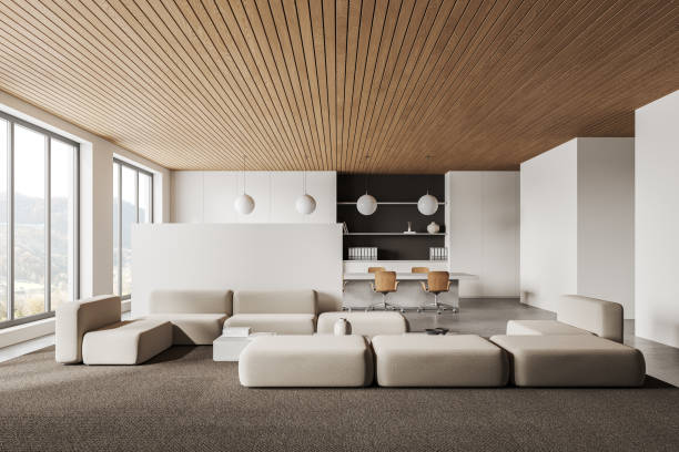 istock Office room interior with meeting board and relax place, panoramic window 2152554163