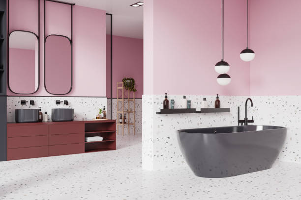istock Modern bathroom interior with dual sinks and freestanding bathtub, contemporary style, on a terrazzo floor, concept of luxury. 3D Rendering 2152554249