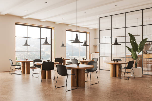 istock Stylish restaurant interior with eating, cooking zone and panoramic window 2152554509