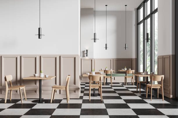 istock Classic modern cafe interior with chairs and tables in row, panoramic window 2152554927