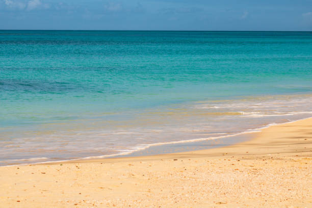 Caribbean beach with white sand, deep blue sky and turquoise water