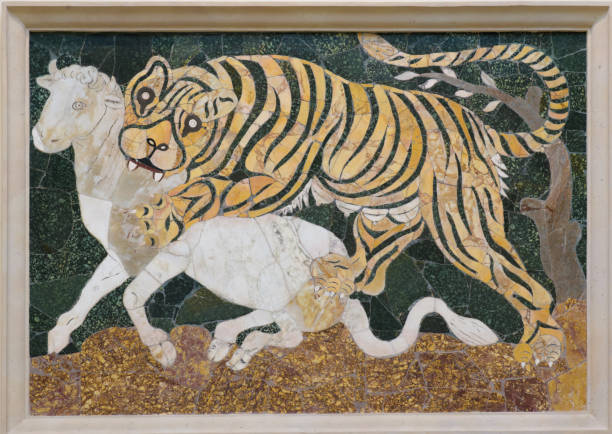 istock Tigress attacking a calf, marble opus sectile 2152561954
