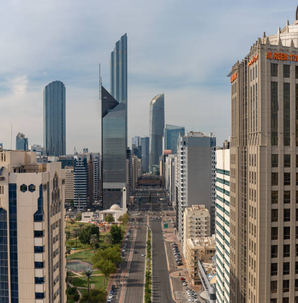 Abu Dhabi, United Arab Emirates - November 12, 2023: A picture of the Khalifa Bin Zayed Street in Downtown Abu Dhabi, with the Al Markaziyah West buildings at the far center, like the World Trade Center Abu Dhabi and the Landmark Tower.