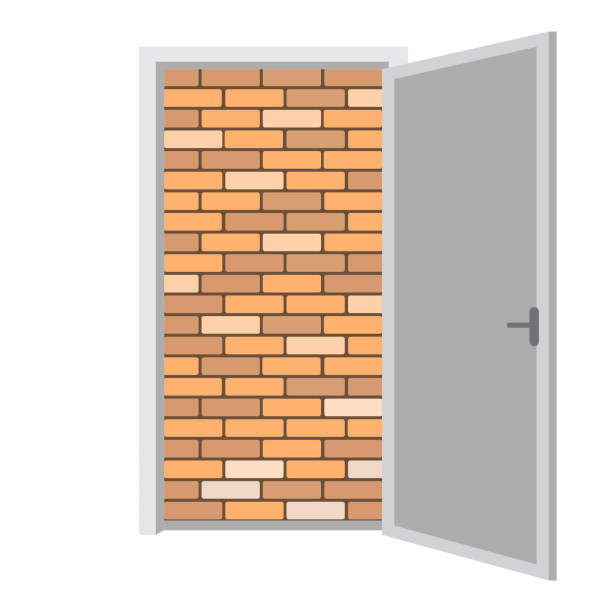 istock Closed door icon. Brick wall block. Open doorway vector. Interior barrier illustration. 2152566033