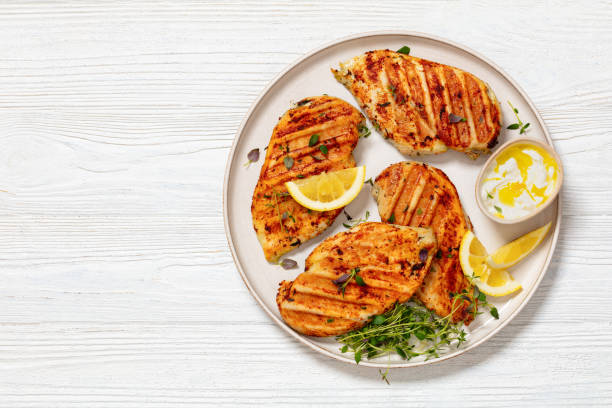 istock juicy grilled chicken cutlets on plate, top view 2152574996