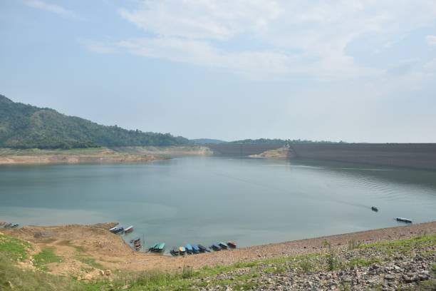 istock Khun Dan Prakarn Chon huge concrete dam with lower water level from El nino effect 2152579414