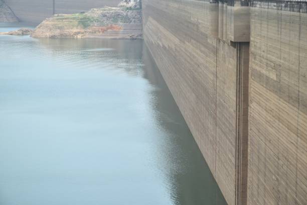 istock Khun Dan Prakarn Chon huge concrete dam with lower water level from El nino effect 2152579420