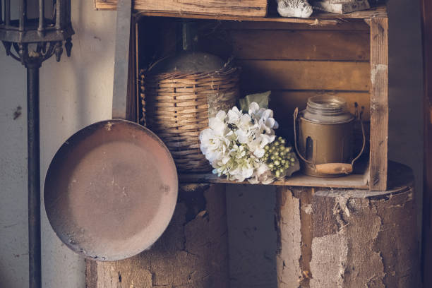 istock old rustic decoration with a wooden box and white flowers 2152598264