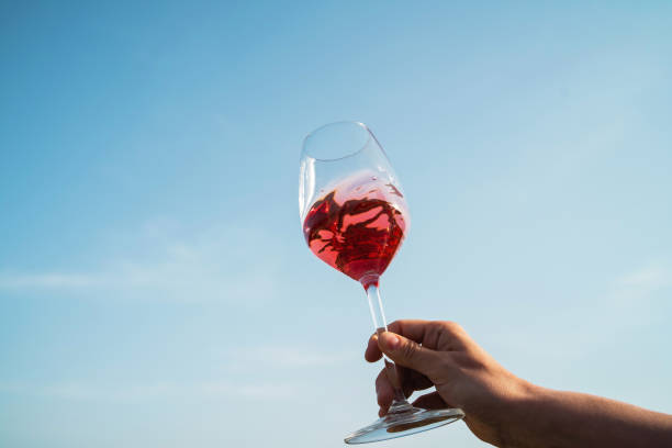 Female hand delicately holds a glass of rose wine against blue clear sky Female hand delicately holds a glass of rose wine against blue clear sky. wineglass stock pictures, royalty-free photos & images