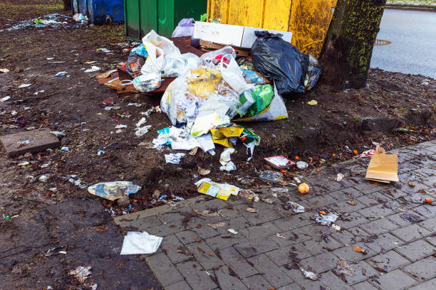 istock A variety of garbage is placed next to the garbage container. 2152601936