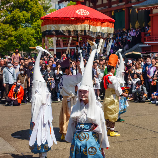 Tokyo, Japan, April 14, 2024: Crane dance performed at the Asakusa venue