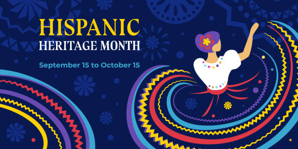 ilustrações de stock, clip art, desenhos animados e ícones de hispanic heritage month. vector web banner, poster, card for social media, networks. greeting with national hispanic heritage month text, flowers and dancing woman on floral pattern blue background - latino americano