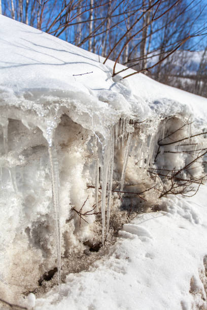 melting snow, bright spring sun, icicles, open roads, Kirovsk  Murmansk region Hibiny