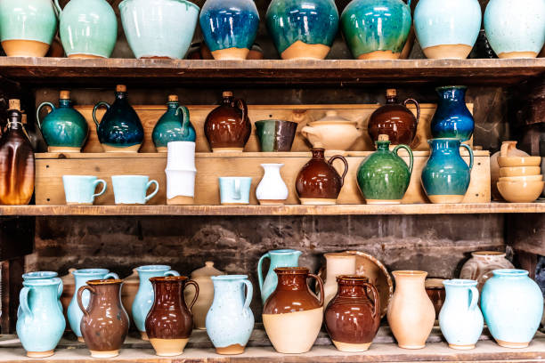 Pottery old craft dishes, jugs, pots. Old rustic pottery . High quality photo