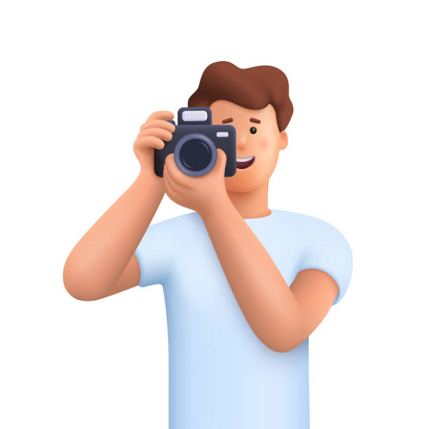 istock Young smiling man holding camera, taking photo and smiling. Professional photographer, cameraman concept. 3d vector people character illustration. Cartoon minimal style. 2152616510