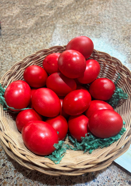 basket of red colored eggs for Greek Orthodox Easter celebration.
