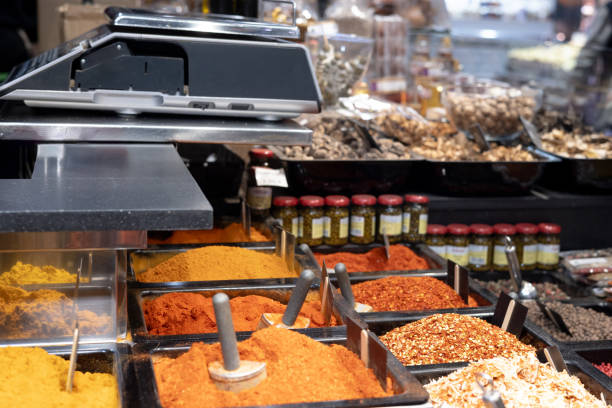 Close-up shot of various spices on the market stall.
