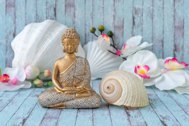 White Buddha statue with dark background, Thailand.