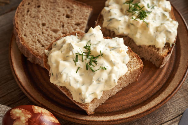 istock Slices of sourdough bread with bread spread made of leftover Easter eggs 2152637841