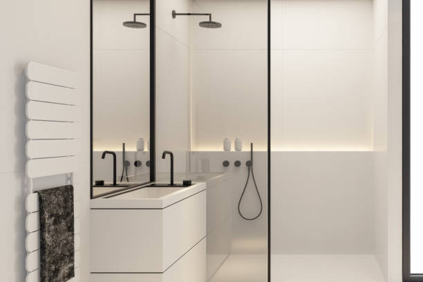 istock Modern minimalist bathroom in Scandinavian style. White and black concept. 2152637871