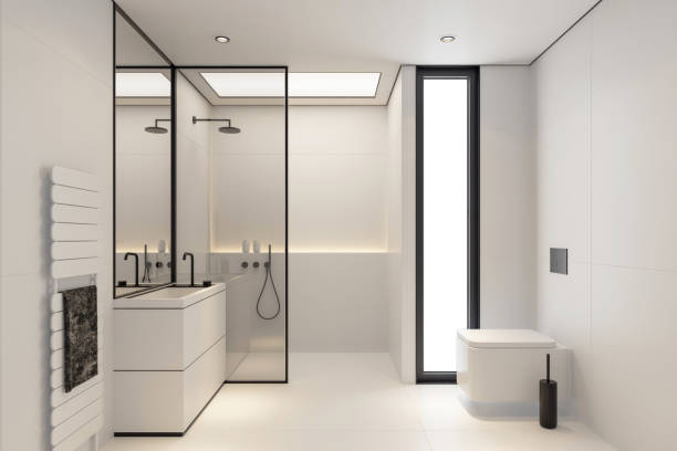 istock (8k image) Modern minimalist bathroom in Scandinavian style. White and black concept. 2152637872