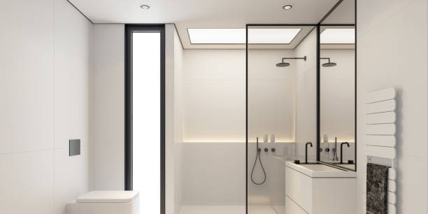 istock (8k image) Modern minimalist bathroom in Scandinavian style. White and black concept. 2152637892