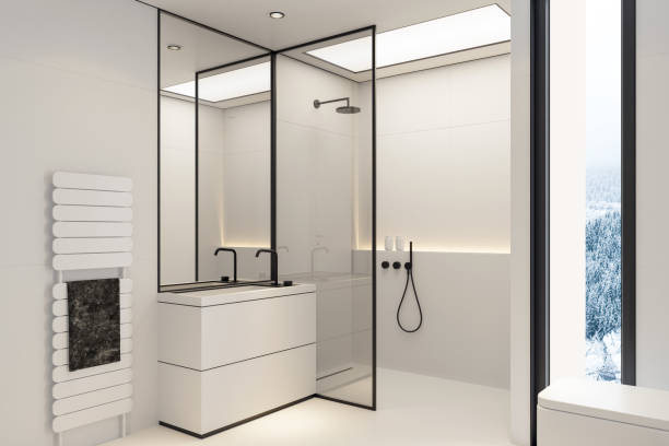 istock (8k image) Modern minimalist bathroom in Scandinavian style. White and black concept. 2152637895