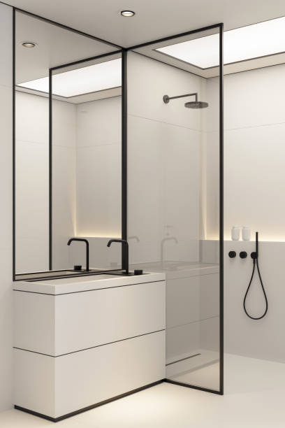 istock Modern minimalist bathroom in Scandinavian style. White and black concept. 2152637896