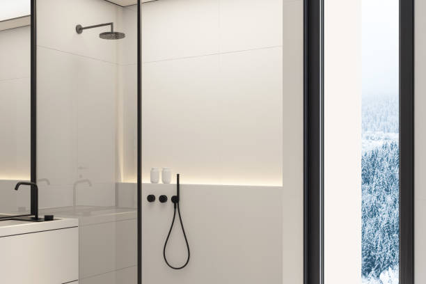 istock Modern minimalist bathroom in Scandinavian style. White and black concept. 2152637899
