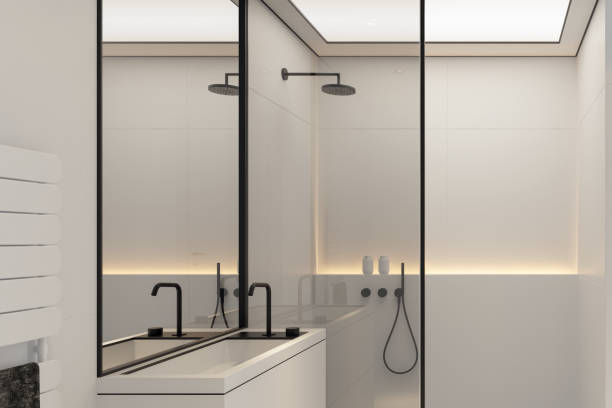 istock Modern minimalist bathroom in Scandinavian style. White and black concept. 2152637918