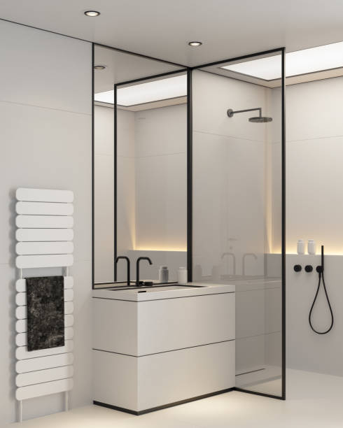 istock (8k image) Modern minimalist bathroom in Scandinavian style. White and black concept. 2152637928