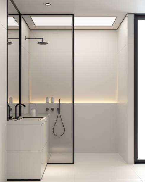 istock (8k image) Modern minimalist bathroom in Scandinavian style. White and black concept. 2152637930