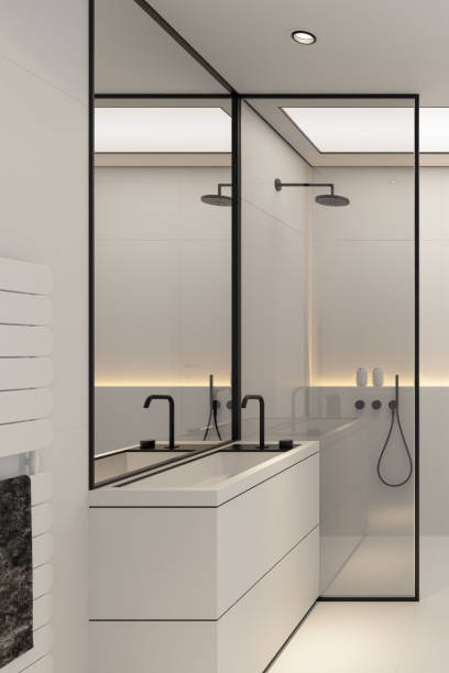 istock Modern minimalist bathroom in Scandinavian style. White and black concept. 2152637932