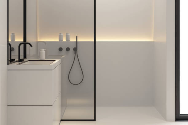 istock Modern minimalist bathroom in Scandinavian style. White and black concept. 2152637939