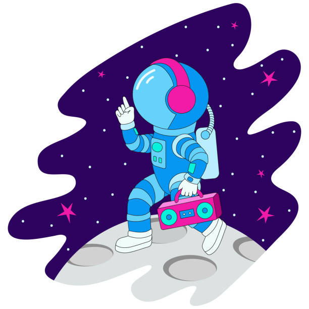 istock Astronaut in a good mood walks on the Moon with a cassette player and headphones. 2152638551