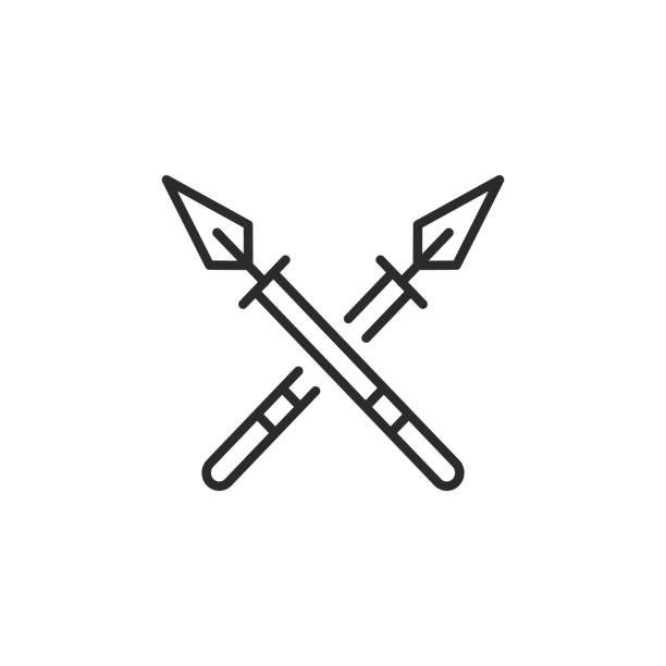 Crossed Medieval Spears Icon Crossed medieval spears icon. Simple depiction of traditional weaponry used by knights and soldiers in historical battles. A symbol often associated with medieval heritage. Vector illustration spear icon stock illustrations