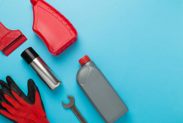 istock Car tools and accessories on color background, top view 2152651700